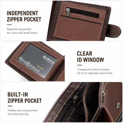 Coffee Mens Frosted PU Leather Trifold Wallet with Coin Zipper Pocket, Bill / Card Slots and ID Window, Australian Father's Day Gift