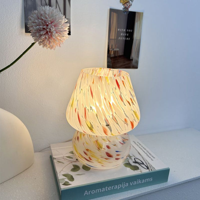 Vintage Speckled All Glass Mushroom Table Lamp - Bedside Soft Ambient Night Light, AU Plug with 3 Colors Temperature Rocker Switch, 2 Pack Rainbow Speckled