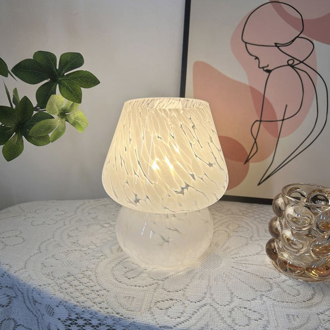 White Speckled All Glass Mushroom Table Lamp - Bedside Soft Ambient Night Light, USB Plug with 3 Colors Temperature Adjustable Dimming, 2 Pack White Marble