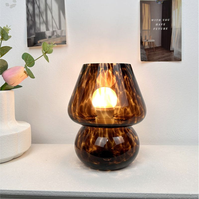 Brown Vintage Speckled All Glass Mushroom Table Lamp - Bedside Soft Ambient Night Light, AU Plug with 3 Colors Temperature Rocker Switch, 2 Pack Amber Speckled