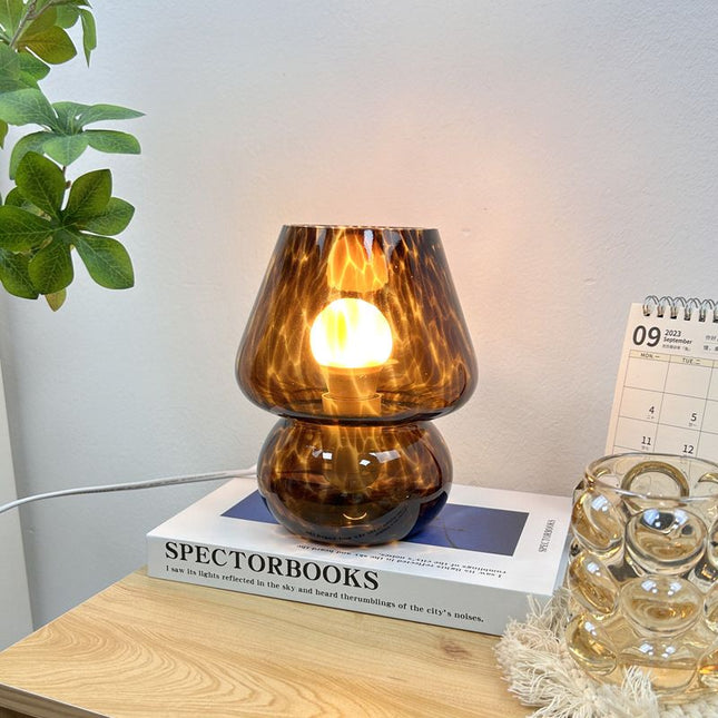 Brown Vintage Speckled All Glass Mushroom Table Lamp - Bedside Soft Ambient Night Light, AU Plug with 3 Colors Temperature Rocker Switch, 2 Pack Amber Speckled