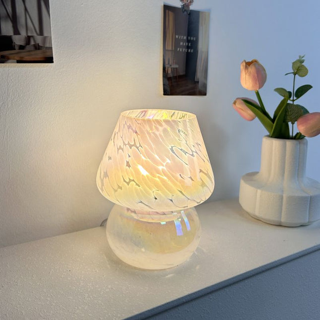 Brown Vintage Speckled All Glass Mushroom Table Lamp - Bedside Soft Ambient Night Light, AU Plug with 3 Colors Temperature Rocker Switch, 2 Pack Iridescent White