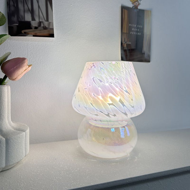Vintage Speckled All Glass Mushroom Table Lamp - Bedside Soft Ambient Night Light, USB Plug with 3 Colors Temperature Adjustable Dimming, 2 Pack Iridescent White