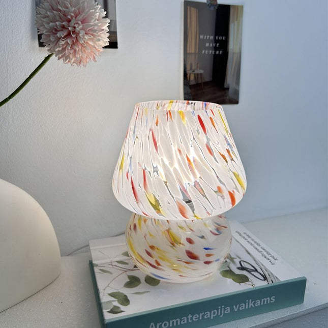 Vintage Speckled All Glass Mushroom Table Lamp - Bedside Soft Ambient Night Light, AU Plug with 3 Colors Temperature Rocker Switch, Rainbow Speckled
