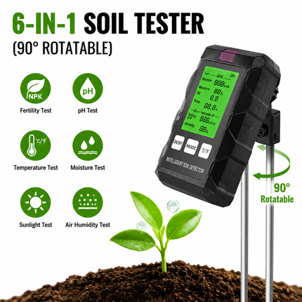 6 in 1 HD Digital Display Soil Tester - PH Moisture Temperature Fertility Light Meter Plant, 90 Degree Rotation and Simple Battery Power