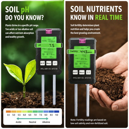 6 in 1 HD Digital Display Soil Tester - PH Moisture Temperature Fertility Light Meter Plant, 90 Degree Rotation and Simple Battery Power