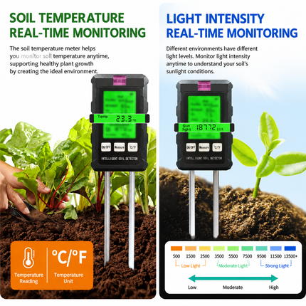 6 in 1 HD Digital Display Soil Tester - PH Moisture Temperature Fertility Light Meter Plant, 90 Degree Rotation and Simple Battery Power