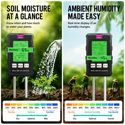 6 in 1 HD Digital Display Soil Tester (2 Pack) - PH Moisture Temperature Fertility Light Meter Plant, 90 Degree Rotation and Simple Battery Power