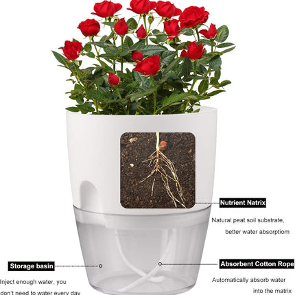 3 Pack Grey Indoor Self Watering Planter Pot - 6 Inch Double Layer Rempvable Plastic Flower Pot with Extra Large Water Storage and Cotton Rope for All House Plants, Flowers, Herbs