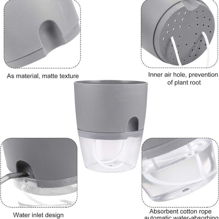 3 Pack Grey Indoor Self Watering Planter Pot - 6 Inch Double Layer Rempvable Plastic Flower Pot with Extra Large Water Storage and Cotton Rope for All House Plants, Flowers, Herbs