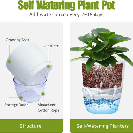 White Indoor Self Watering Planter Pot - 6 Inch Double Layer Rempvable Plastic Flower Pot with Extra Large Water Storage and Cotton Rope for All House Plants, Flowers, Herbs