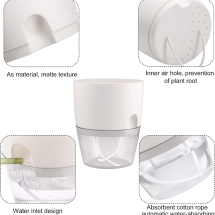 White Indoor Self Watering Planter Pot - 6 Inch Double Layer Rempvable Plastic Flower Pot with Extra Large Water Storage and Cotton Rope for All House Plants, Flowers, Herbs