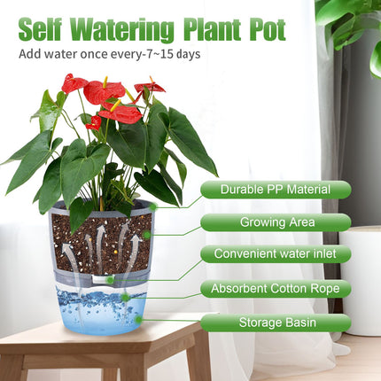 Grey Indoor Self Watering Planter Pot - 6 Inch Double Layer Rempvable Plastic Flower Pot with Extra Large Water Storage and Cotton Rope for All House Plants, Flowers, Herbs