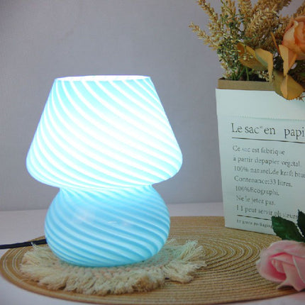 Blue Striped Retro All Glass Mushroom Table Lamp (2 Pack) - American Style Creative Bedside Nightstand Ambient Light, AU Plug with 3-Color Switching