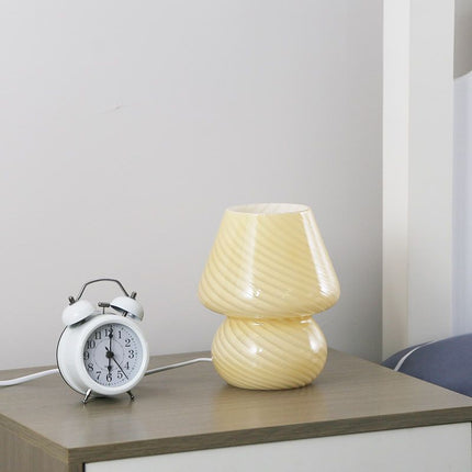 Yellow Striped Retro All Glass Mushroom Table Lamp - American Style Creative Bedside Nightstand Ambient Light, AU Plug with 3-Color Switching