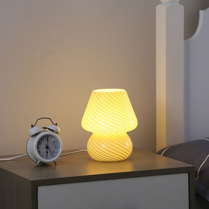 Yellow Striped Retro All Glass Mushroom Table Lamp (2 Pack) - American Style Creative Bedside Nightstand Ambient Light, USB Plug with 3-Color Switching and Brightness Dimmable