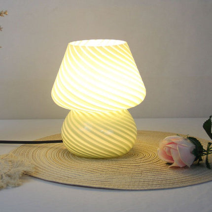 Green Striped Retro All Glass Mushroom Table Lamp - American Style Creative Bedside Nightstand Ambient Light, AU Plug with 3-Color Switching