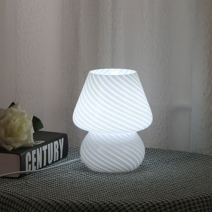 White Striped Retro All Glass Mushroom Table Lamp (2 Pack) - American Style Creative Bedside Nightstand Ambient Light, USB Plug with 3-Color Switching and Brightness Dimmable
