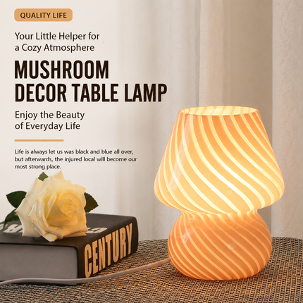 White Striped Retro All Glass Mushroom Table Lamp (2 Pack) - American Style Creative Bedside Nightstand Ambient Light, USB Plug with 3-Color Switching and Brightness Dimmable