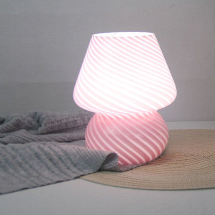 Pink Striped Retro All Glass Mushroom Table Lamp - American Style Creative Bedside Nightstand Ambient Light, USB Plug with 3-Color Switching and Brightness Dimmable
