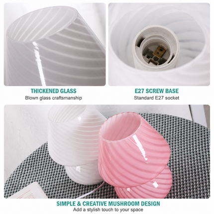 Pink Striped Retro All Glass Mushroom Table Lamp - American Style Creative Bedside Nightstand Ambient Light, USB Plug with 3-Color Switching and Brightness Dimmable