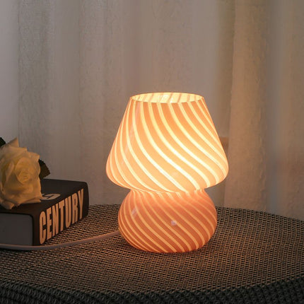 Pink Striped Retro All Glass Mushroom Table Lamp (2 Pack) - American Style Creative Bedside Nightstand Ambient Light, USB Plug with 3-Color Switching and Brightness Dimmable