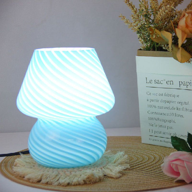Blue Striped Retro All Glass Mushroom Table Lamp - American Style Creative Bedside Nightstand Ambient Light, AU Plug with 3-Color Switching