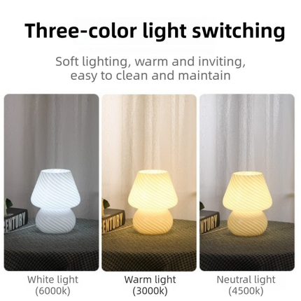 Blue Striped Retro All Glass Mushroom Table Lamp - American Style Creative Bedside Nightstand Ambient Light, AU Plug with 3-Color Switching
