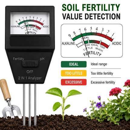 3-in-1 Soil Care Tester Kit for Soil Moisture pH Acidity and Fertility  - 2 Pack Plant Sensor Meters with Simple Color Dials, Battery-Free Plug and Play