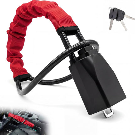 2 Set Red 28 Inch Car Steering Wheel Anti Theft Lock - Universal Steel Cable Anti Shear Seat Belt Lock with 3 Keys and Protective Sleeve, Waterproof and Rustproof