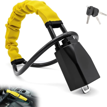 2 Set Yellow 28 Inch Car Steering Wheel Anti Theft Lock - Universal Steel Cable Anti Shear Seat Belt Lock with 3 Keys and Protective Sleeve, Waterproof and Rustproof