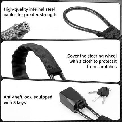 2 Set Yellow 28 Inch Car Steering Wheel Anti Theft Lock - Universal Steel Cable Anti Shear Seat Belt Lock with 3 Keys and Protective Sleeve, Waterproof and Rustproof