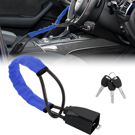 2 Set Blue 28 Inch Car Steering Wheel Anti Theft Lock - Universal Steel Cable Anti Shear Seat Belt Lock with 3 Keys and Protective Sleeve, Waterproof and Rustproof