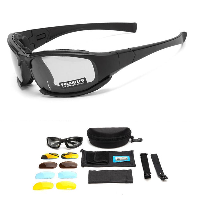 Black Tactical Protection Goggles with Storage Box and Elastic Straps (Polarized & Photochromic 5-Lens Set) - Windproof, Dustproof, UV Protection for Cycling, Tactical shooting and Outdoor Use