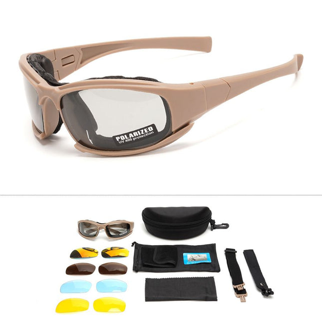 Khaki Tactical Protection Goggles with Storage Box and Elastic Straps (Polarized & Photochromic 5-Lens Set) - Windproof, Dustproof, UV Protection for Cycling, Tactical shooting and Outdoor Use
