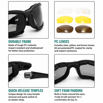 Khaki Tactical Protection Goggles with Storage Box and Elastic Straps (Polarized & Photochromic 5-Lens Set) - Windproof, Dustproof, UV Protection for Cycling, Tactical shooting and Outdoor Use