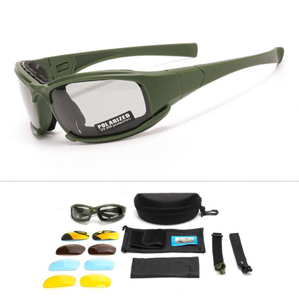 Dark Green Tactical Protection Goggles with Storage Box and Elastic Straps (Polarized & Photochromic 5-Lens Set) - Windproof, Dustproof, UV Protection for Cycling, Tactical shooting and Outdoor Use