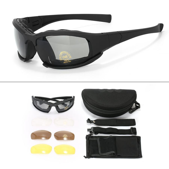 Black Tactical Protection Goggles with Storage Box and Elastic Straps (PC 4-Lens Set) - Windproof, Dustproof, UV Protection for Cycling, Tactical shooting and Outdoor Use