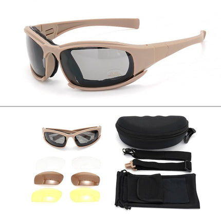Khaki Tactical Protection Goggles with Storage Box and Elastic Straps (PC 4-Lens Set) - Windproof, Dustproof, UV Protection for Cycling, Tactical shooting and Outdoor Use