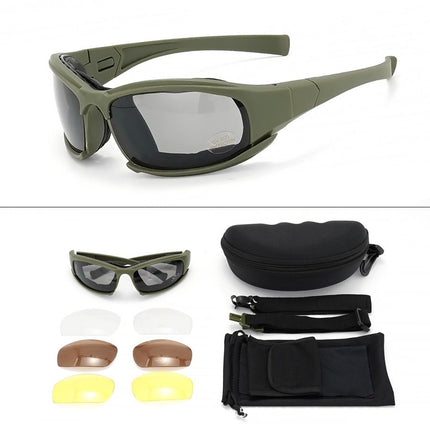 Dark Green Tactical Protection Goggles with Storage Box and Elastic Straps (PC 4-Lens Set) - Windproof, Dustproof, UV Protection for Cycling, Tactical shooting and Outdoor Use