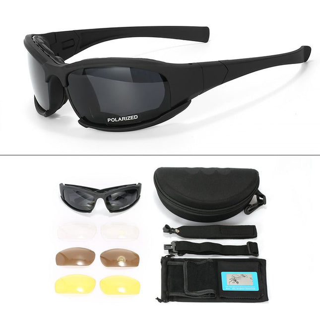 Black Tactical Protection Goggles with Storage Box and Elastic Straps (Polarized 4-Lens Set) - Windproof, Dustproof, UV Protection for Cycling, Tactical shooting and Outdoor Use