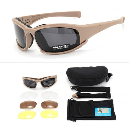 Khaki Tactical Protection Goggles with Storage Box and Elastic Straps (Polarized 4-Lens Set) - Windproof, Dustproof, UV Protection for Cycling, Tactical shooting and Outdoor Use