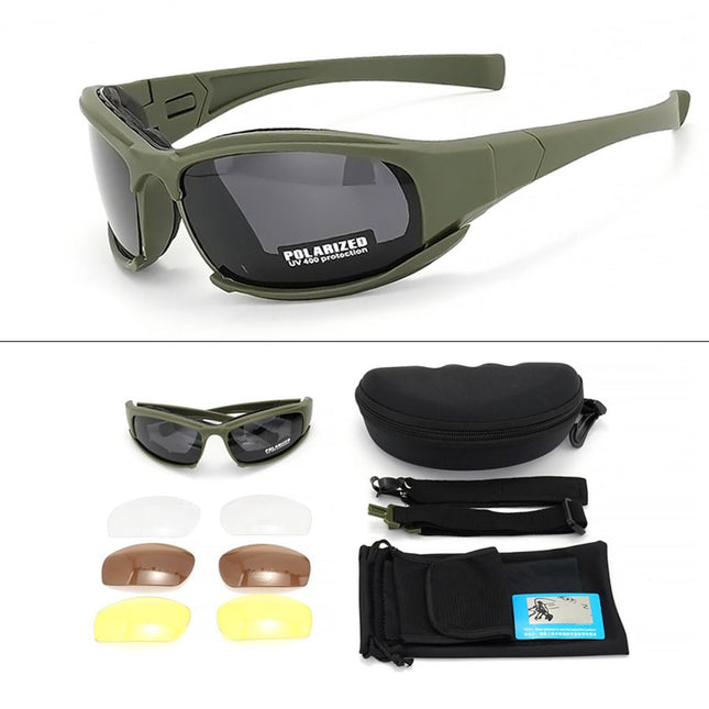 Dark Green Tactical Protection Goggles with Storage Box and Elastic Straps (Polarized 4-Lens Set) - Windproof, Dustproof, UV Protection for Cycling, Tactical shooting and Outdoor Use