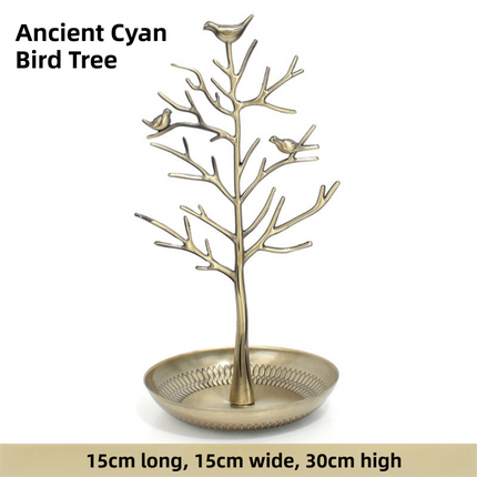 Ancient Cyan Detachable Alloy Jewelry Stand Deco with Bird-Tree Shaped Branches and Thickened Lotus Base Tray for Earrings, Chain Necklaces, Bracelets and Rings Storage