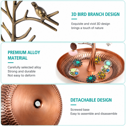 Ancient Cyan Detachable Alloy Jewelry Stand Deco with Bird-Tree Shaped Branches and Thickened Lotus Base Tray for Earrings, Chain Necklaces, Bracelets and Rings Storage