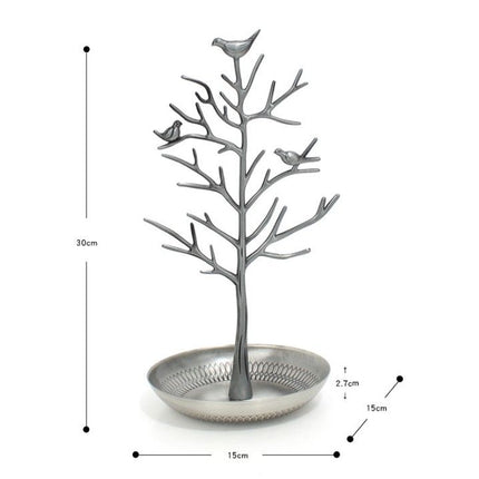Ancient Cyan Detachable Alloy Jewelry Stand Deco with Bird-Tree Shaped Branches and Thickened Lotus Base Tray for Earrings, Chain Necklaces, Bracelets and Rings Storage