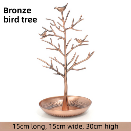 Bronze Detachable Alloy Jewelry Stand Deco with Bird-Tree Shaped Branches and Thickened Lotus Base Tray for Earrings, Chain Necklaces, Bracelets and Rings Storage