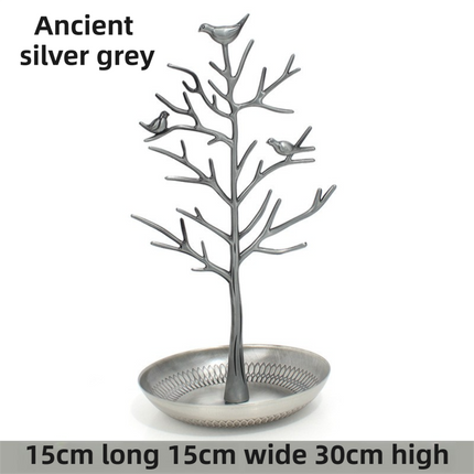 Ancient Silver Grey Detachable Alloy Jewelry Stand Deco with Bird-Tree Shaped Branches and Thickened Lotus Base Tray for Earrings, Chain Necklaces, Bracelets and Rings Storage