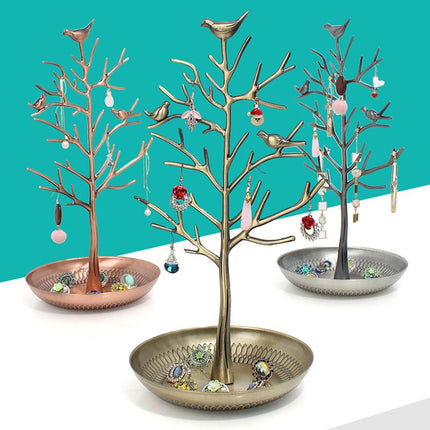 Ancient Silver Grey Detachable Alloy Jewelry Stand Deco with Bird-Tree Shaped Branches and Thickened Lotus Base Tray for Earrings, Chain Necklaces, Bracelets and Rings Storage