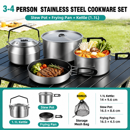 3-Piece Food Grade Stainless Steel Camping Cookware Set with 1.1L Kettle, Medium Stew Pot and Medium Frying Pan - Hangable and Foldable, Compact Nesting Storage, Anti Scald Wrapped Handle